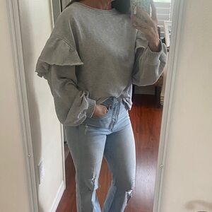 Aerie Gray Ruffle Shoulder Oversized Sweatshirt Top | Small Petite | NWT